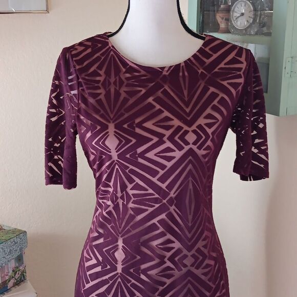 Kelly Renee Geometric Patterned Burgundy Burnt Out Velvet Dress - Picture 2 of 9